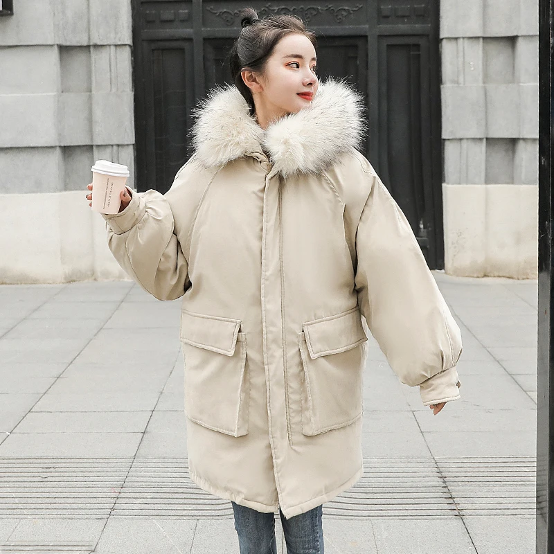 Модная женская зимняя куртка большого размера с меховым капюшоном, женская зимняя парка, длинная теплая плотная Женская куртка с двумя большими карманами