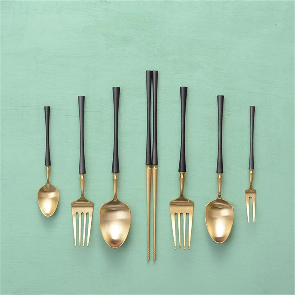 

Vintage Black Silver Gold Dinnerware Set Stainless Steel Knife Fork Tableware Set Cutlery Coffee Handle Western Food Set 4pcs