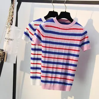 

Striped Women Sweaters For Woman 2019 Summer Short Sleeve O-neck Female Pullovers Thin Knitting Tops Ladies Knitted Shirts