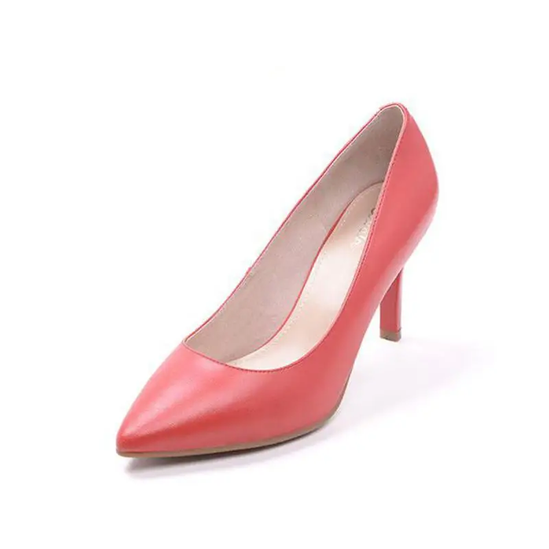 

Spring Sheepskin Comfortable Fashion High-heeled Shoes Tip Shallow Mouth Single Shoe red Genuine Leather Sexy Pumps lady zapatos