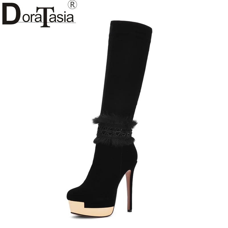 

DoraTasia Women's Fur Decoration High Heels Platform Shoes Woman Zipper Closure Suede Knee Boots Size 34-39
