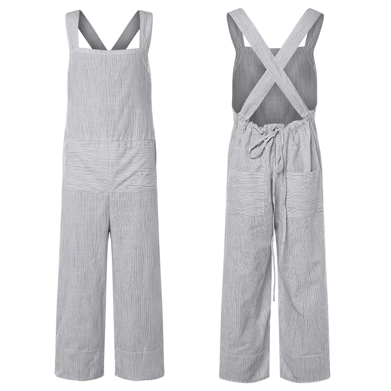 Retro Men Overalls Women Rompers Stripe Wide Leg Pants Dungarees Casual Jumpsuits Long Trouser Hombre Garment Overalls Unisex