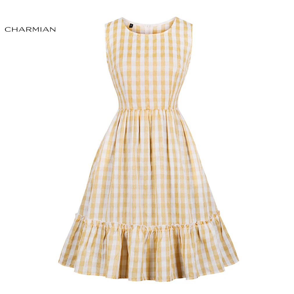 

Charmian Women's Vintage Rockabilly Checkered Round Neckline Sleeveless Ruffled Summer Day Swing Dress