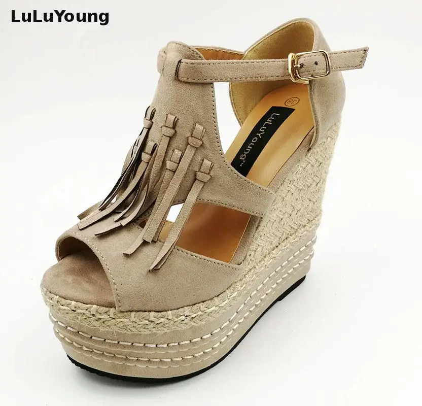

Spring Summer women Tassel Ultra-High Heel Wedges Open Toe Female Sandals sy-1794