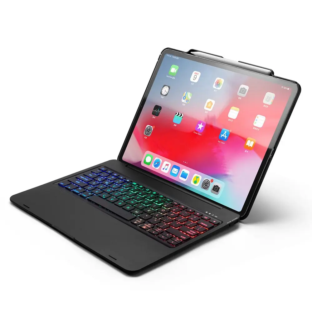 Для Новых iPad Pro 12,9 Беспроводная подсветка Bluetooth русский/испанский/Иврит Клавиатура Чехол подставка встроенный карандаш держатель - Цвет: Black