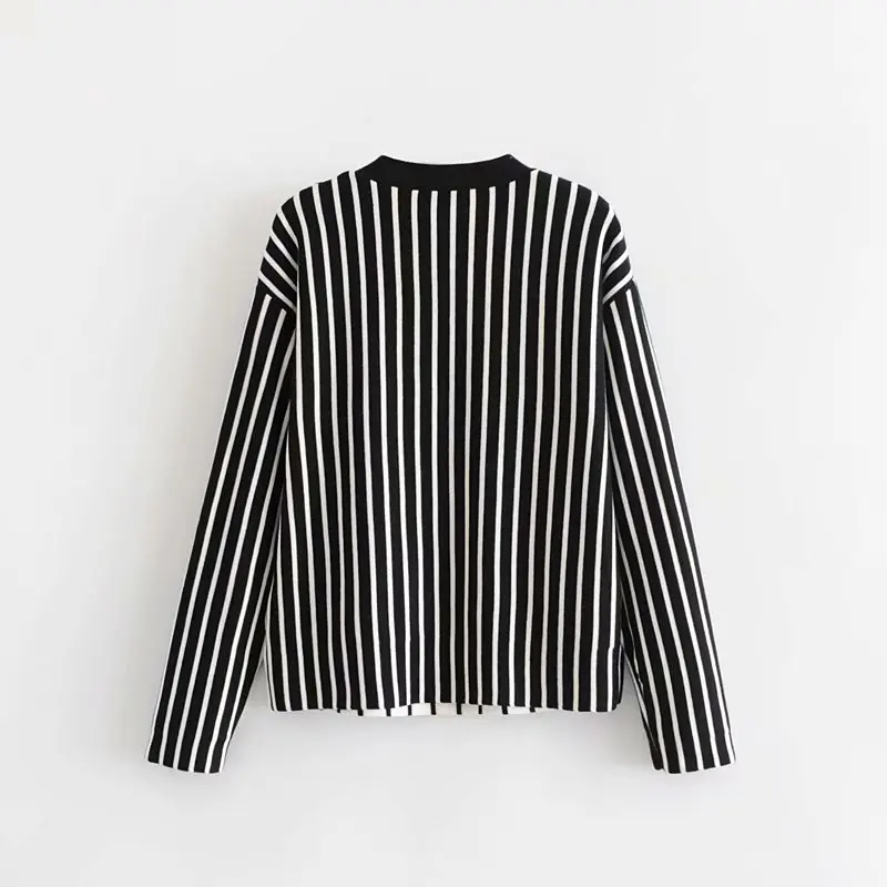 Модная черно-белая полосатая Лоскутная саржевая пуговица Асимметричный вязаный свитер Повседневная Женская длинная одежда Топы уличная