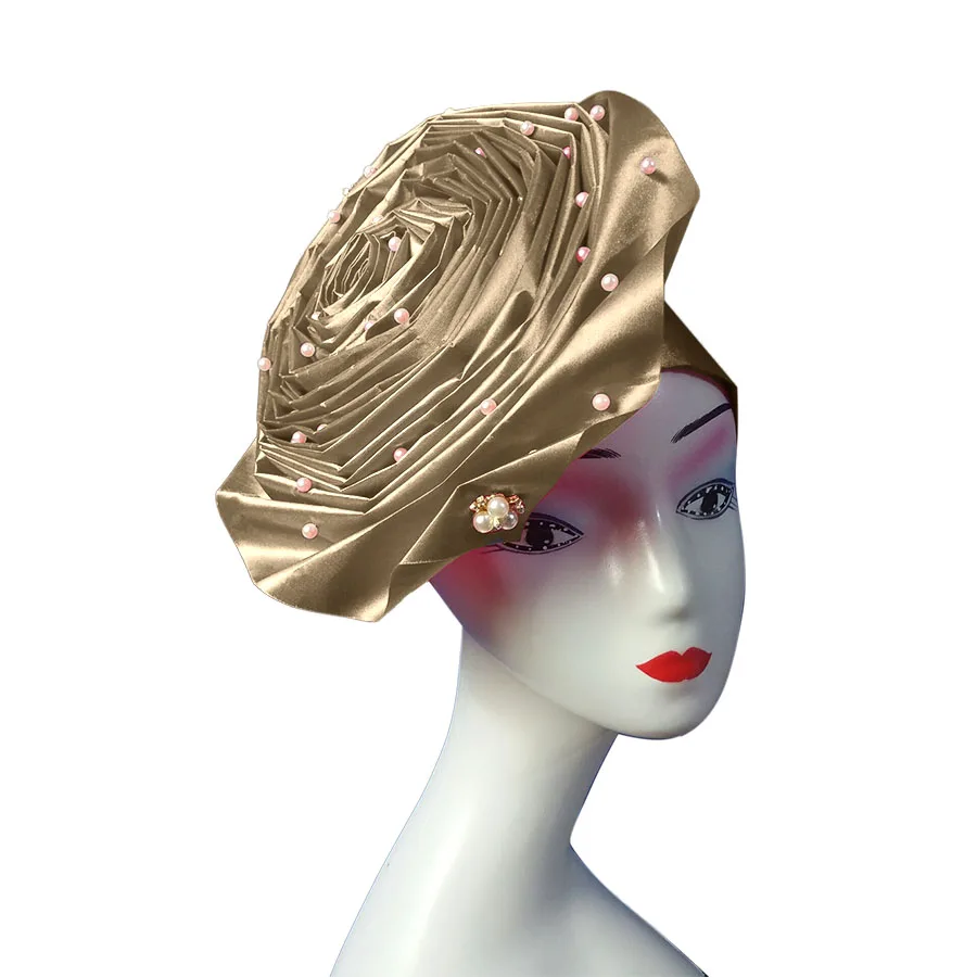 African aso oke cotton headtie nigerian gele headtie already made auto hele turban cap aso ebi headwrap big brim gele  (2)