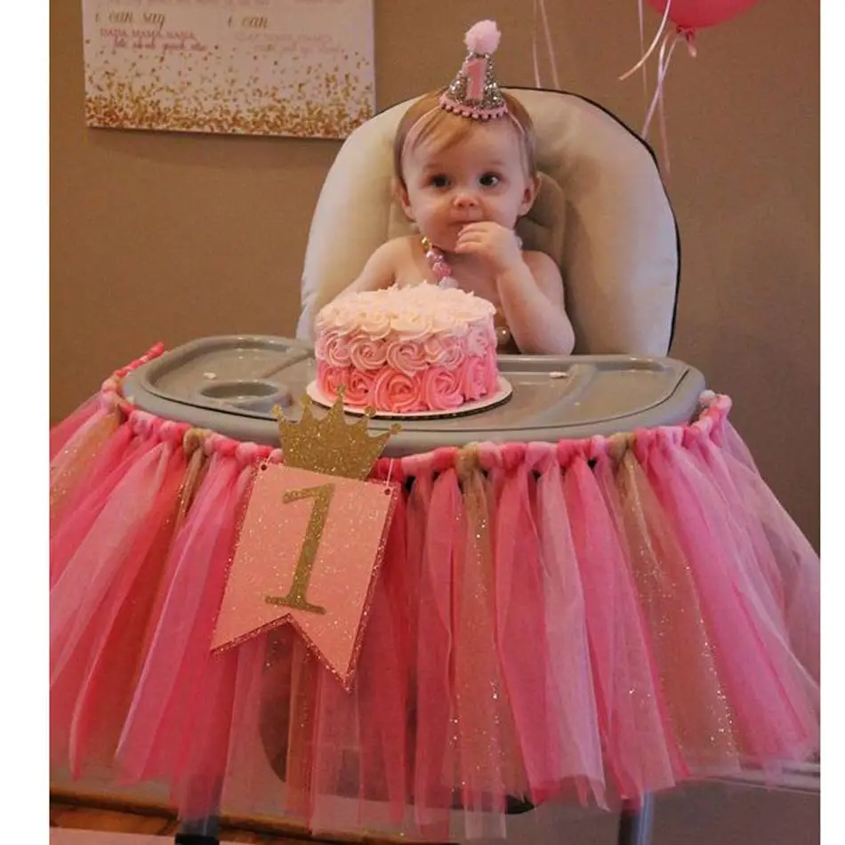 New arrival Pink And Gold High chair tutu Skirt for baby first birthday