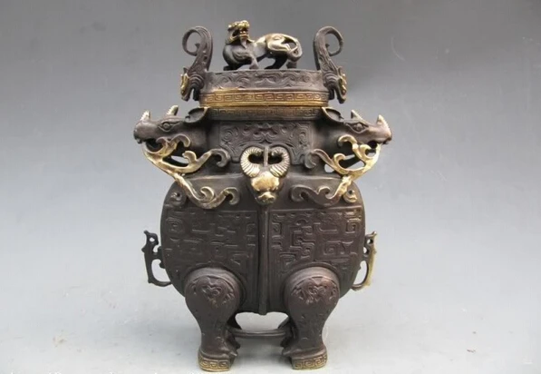 

song voge gem S1260 Chinese refined craftwork Pure Bronze Ox Bull God Zun With Foo Dog Lion Censer