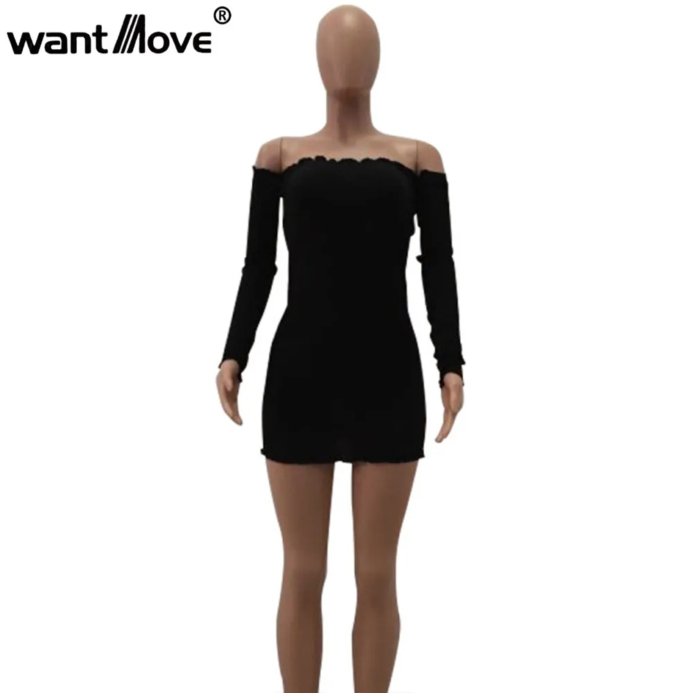 Wantmove 2018 осеннее Новое Женское однотонное платье с длинным рукавом сексуальное
