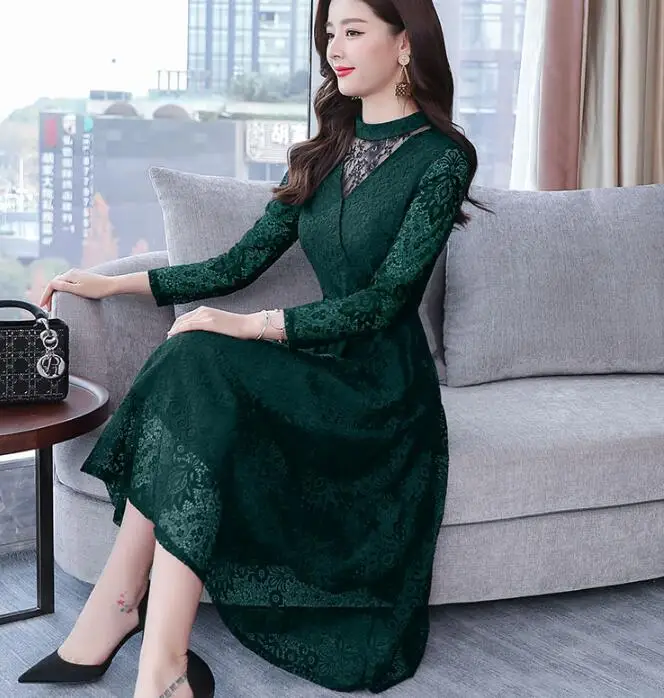 

High Quality 2019 Hot Sale New Arrival Elegant Stand Collar Flower Hollow-out Long Sleeve Woman Lace Long Dress
