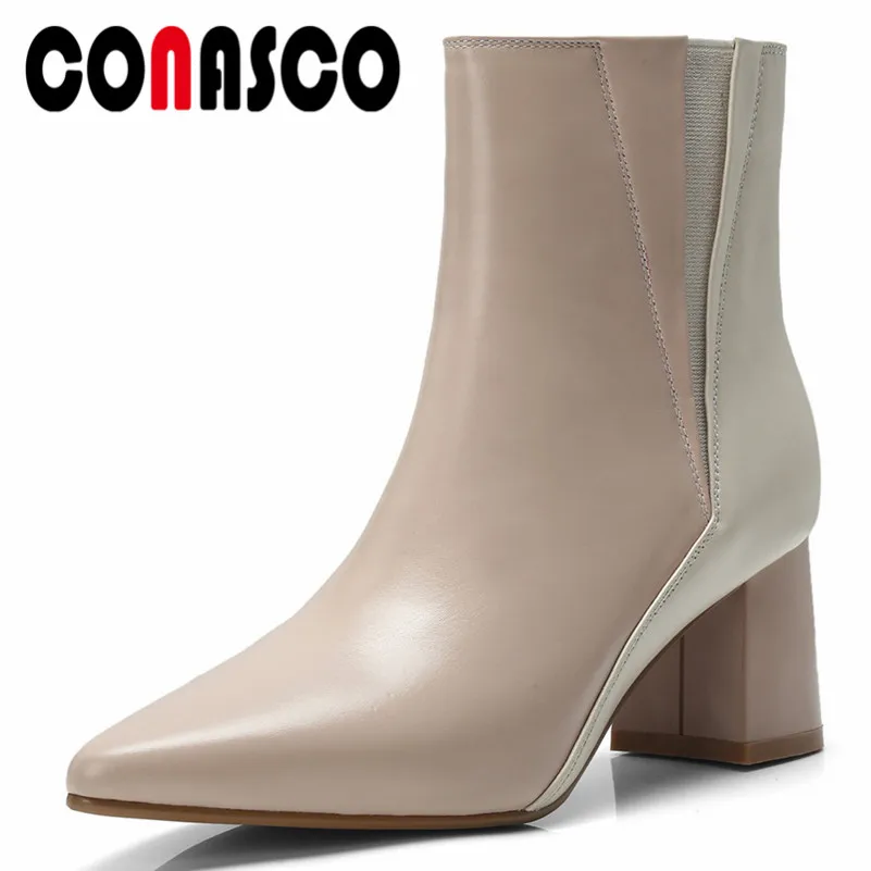

CONASCO New Women Basic Boots High Heels Genuine Leather Ankle Boots Pointed Toe Patchwork Ankle Boots Ladies Elegant Pumps