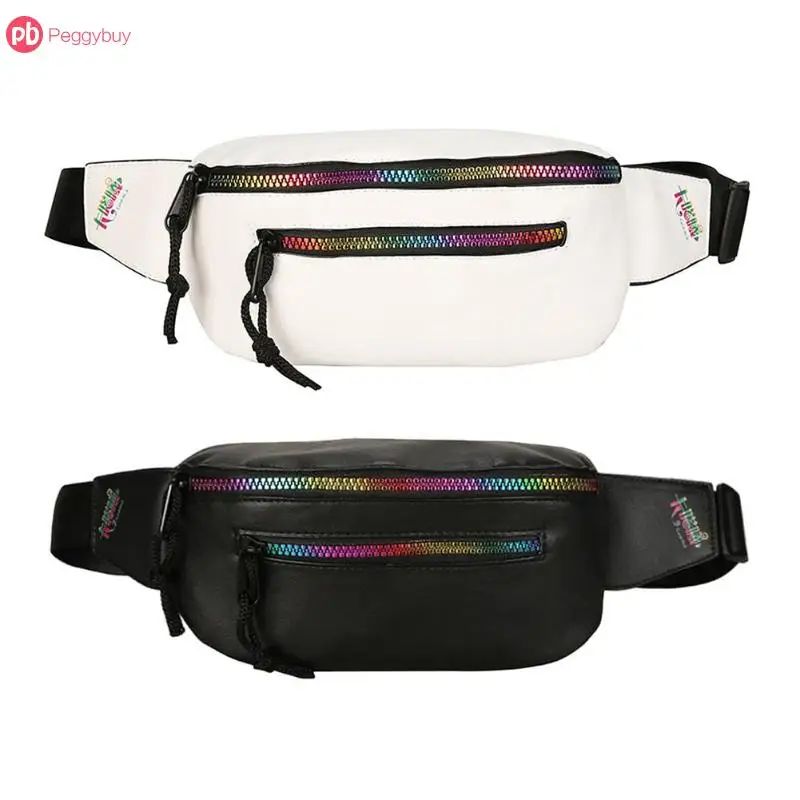 Black/White PU Leather Colorful Zipper Chic Street Fanny Pack Waist Bag Women Men Crossbody ...