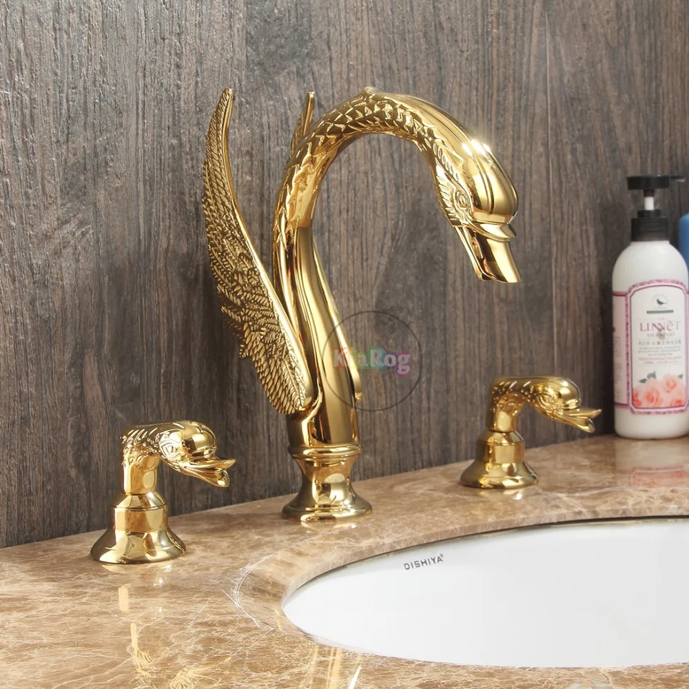 Bathroom Basin Sink Faucet. Two Handles Gold Swan Faucet. Brass Made
