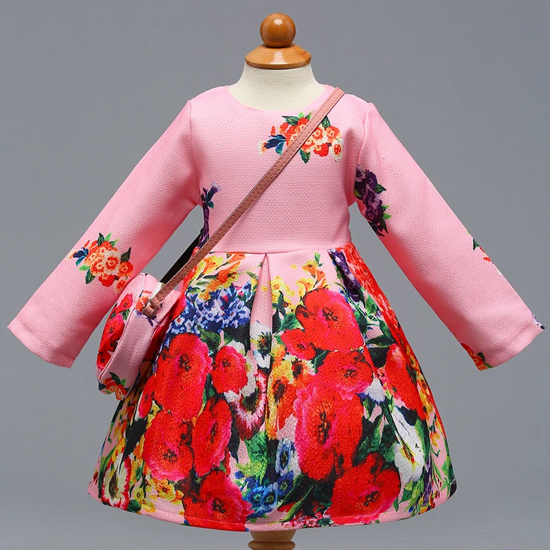 Розничная, элегантное цветочным узором для маленьких девочек одежда с длинным рукавом Вечерние Платье С мешок печати платье осень весеннее платье L-392