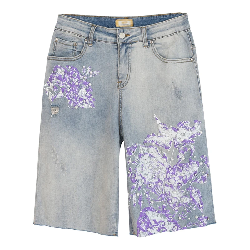 

Summer Fashion Women High Waist Print Purple Flower Pearls Wide Leg Half Length Denim Shorts , Woman Stretch Ripped Jean Shorts