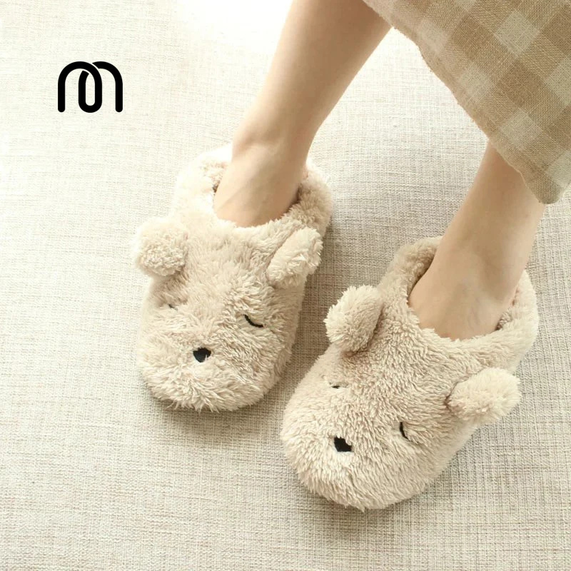 

Millffy miss cute cartoon bear winter indoor floor slip home warm plush slippers with heel shoes women