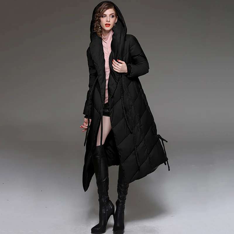 Perfect Autumn Winter New Ultra long Down Jacket Women Warm Hooded parkas Fashion Belt Female Elegant Casual Champagne Outwear Coat N681 3