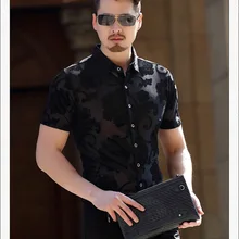 Для мужчин Добби Повседневное Рубашка с короткими рукавами Рубашки для мальчиков лето море пляж See Through Рубашки для мальчиков Florals цвет: черный, синий Для мужчин Сорочки выходные для мужчин пикантные Повседневное