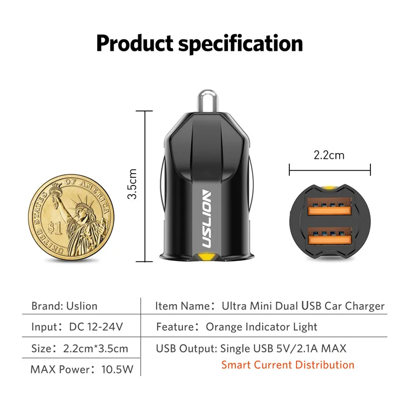 Автомобильное зарядное устройство USLION Mini USB адаптер 2 1 А автомобильное двойное
