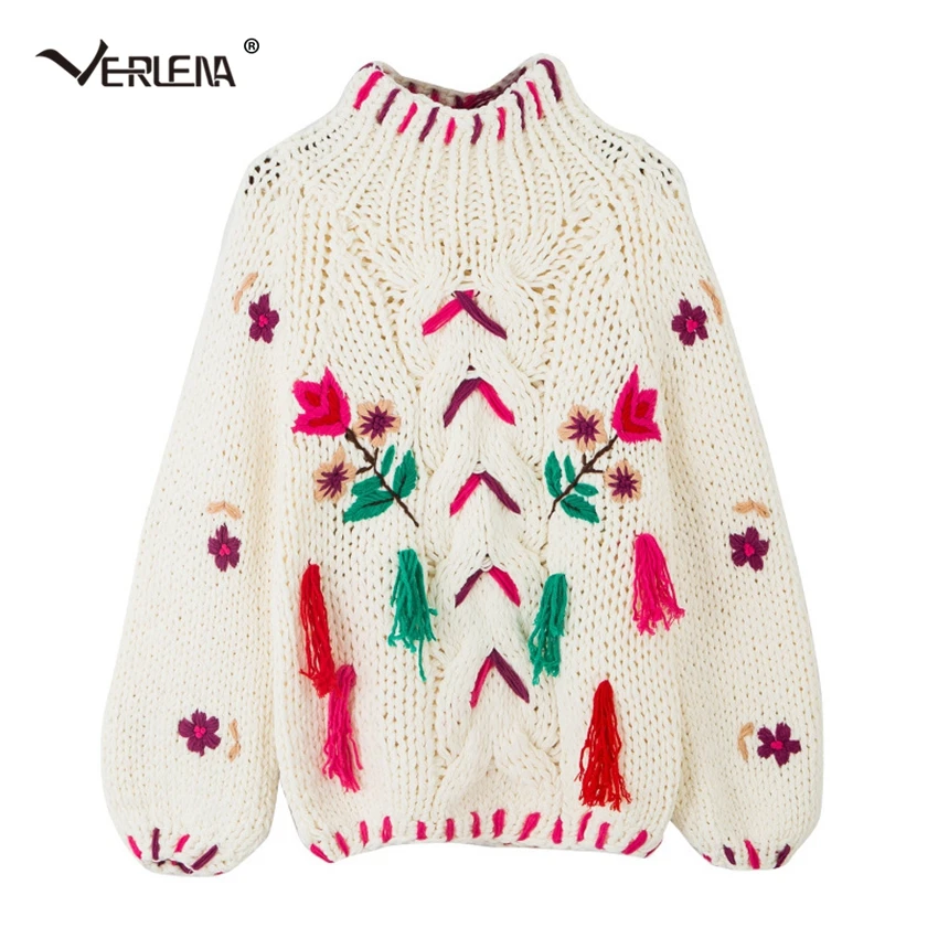 

Verlena 2019 Thick Warm Chunky Sweater Women Chic White Volume Sleeves Embroideried Floral Pullovers Turtleneck Wool Sweaters