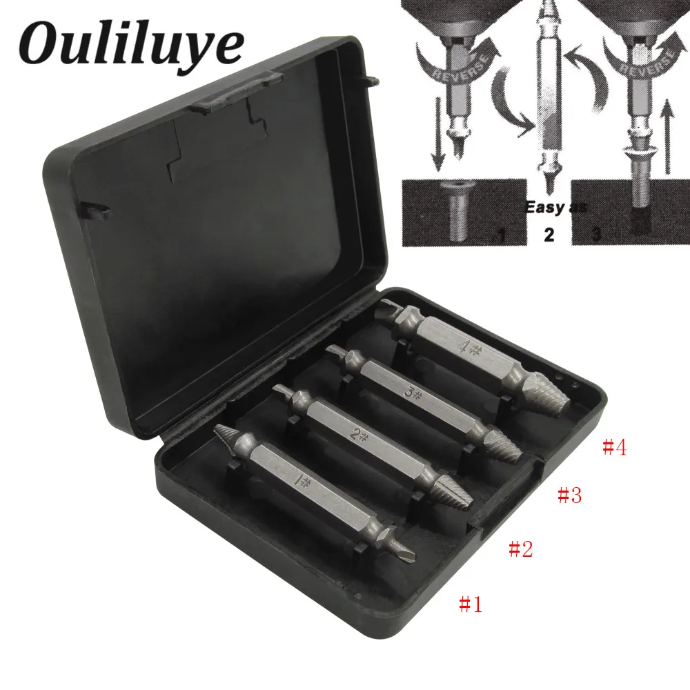 

4Pcs Broken Damaged Carpentry Screw Extractor Drill Bits Guide Broken Bolt Out Remover Double Ended Stud Removal Tool With Case