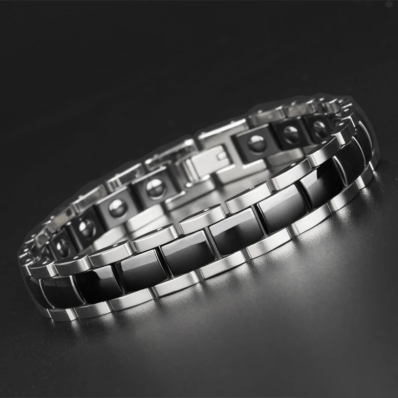 

TrustyLan On Sale High Polished 12MM Wide Ceramic Man Bracelet Titanium Steel Mens Bracelets With Healthy Black Germanium Stone