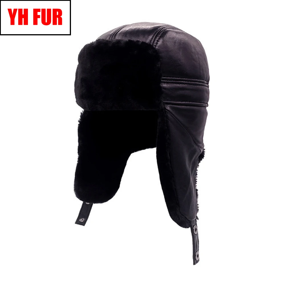 

2019 Winter Men Real Genuine Leather Bomber Hats Protect Ears Natural Real Sheepskin Leather Cap Real Sheepskin Leather Hat