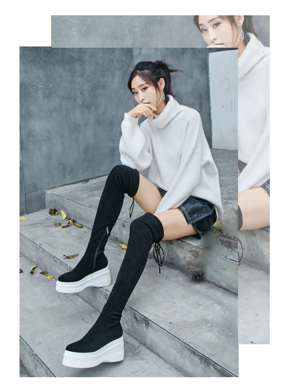 EshtonShero Women Over The Knee Boots Wedge High Heel Shoes Lace Up Round Toe Elastic Band Woman Ladies Motorcycle Boot Size 3-8