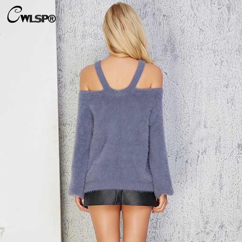 CWLSP 2018 Autumn Winter Solid Knitted Furry Sweater For Women Off Shoulder Long Sleeve Pullovers Female Sweaters Clothes QZ3062
