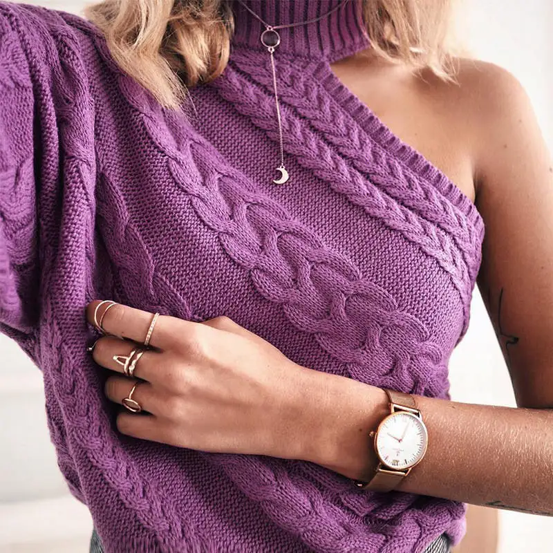 RUGOD женский свитер с открытыми плечами повседневные женские пуловеры однотонные трикотажные женские Топы модная зимняя одежда pull femme hiver - Цвет: Фиолетовый