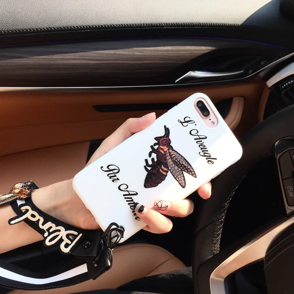 

Brand embroidery Relief Tiger Bee tpu Mobile Phone Case for iphone X 6 6S 6plus 7 7plus 8plus Fashion Couple Lanyard case Capa