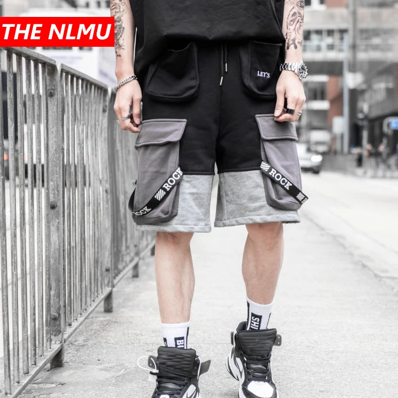 

Men Hip Hop Shorts Cotton Sweatpant Ribbon Multi Pockets Elastic Waist Short Trousers Streetwear Male 2019 Summer Shorts WG208