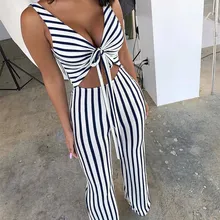 Women Deep V-neck Striped Jumpsuit Sexy Summer Knotted Cutout Front Wide Leg Rompers Casual Loose Overalls Women Deep V-neck Striped Jumpsuit Sexy Summer Knotted Cutout Front Wide Leg Rompers Casual Loose Overalls