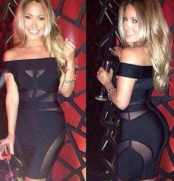 

2016 new women celebrity bandage dress mesh see through slash neck off the shoulder hollow out Dress + suit