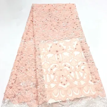 

High Quality Embroidery Nigerian French Mesh Lace Chiffon Tulle Bridal Peach Nigeria African Net Lace Fabric with Beads A1468
