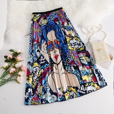 New Fashion Floral Print High Waist Elastic Streetwear Summer Skirts Women Pleated Mid-Calf Swing Party Skirt Indie Folk - Цвет: 1095-004