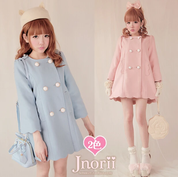 Princess sweet lolita coat BOBON21 original design waves lace woolen coat blue pink double breasted o-neck Winter coat C1091