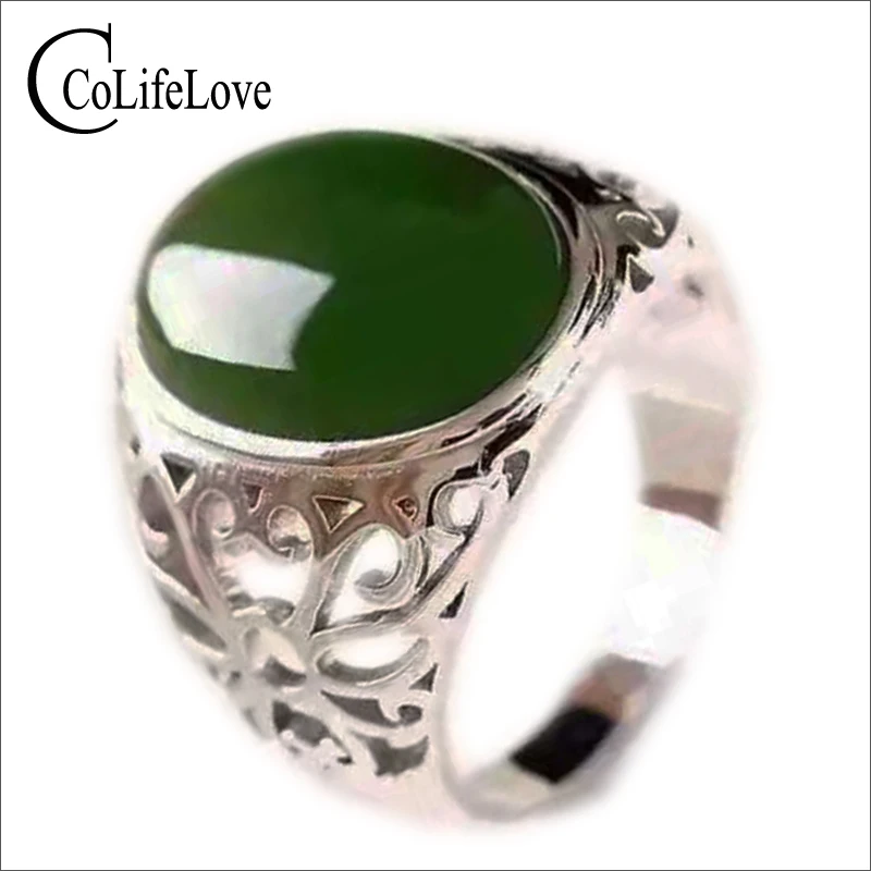 Max size silver man ring 12*16mm 10ct natural green jade ring for man