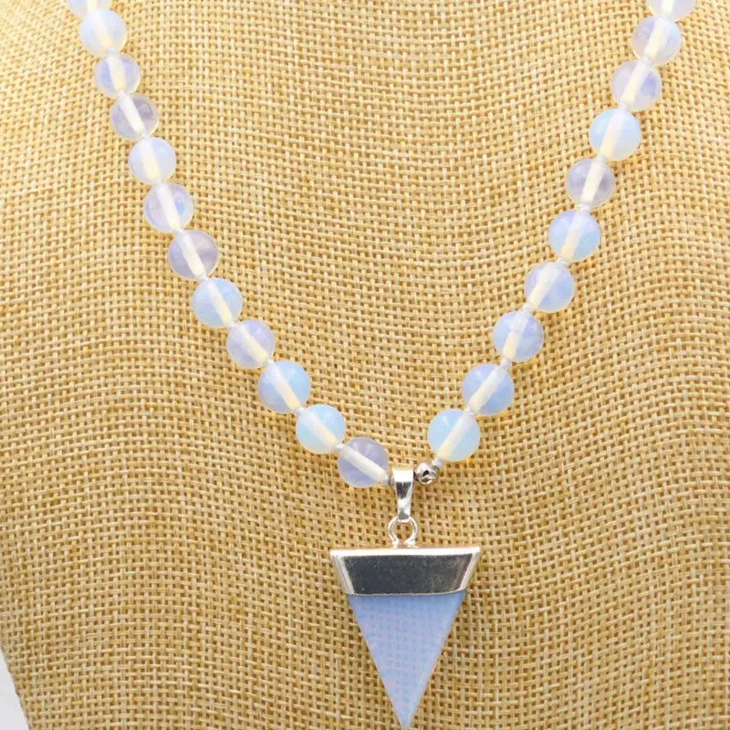 

8MM Beautiful Natural White Opal Round Beads Gems tapered Pendant Necklace 18 "A -Top quality free shipping
