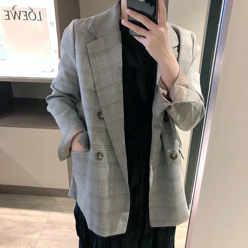 Korean Retro Plaid Small Suit Women