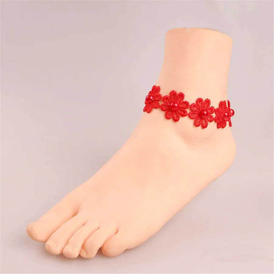 SEA MEW Pure Manual Sexy Red Pearl Red Lace Anklets For Women Chain Anklet Bracelets Gift LS49