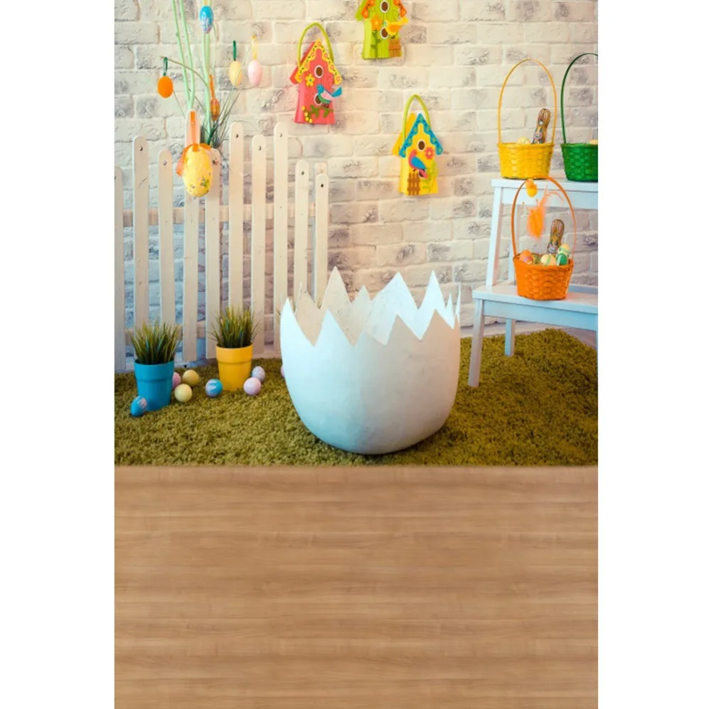 

Photo Backdrop Happy Easter Day Chick Basket Eggs Gray Brick Wall Wooden Fence Grass Wooden Fence Photo Backgrounds Photo Studio