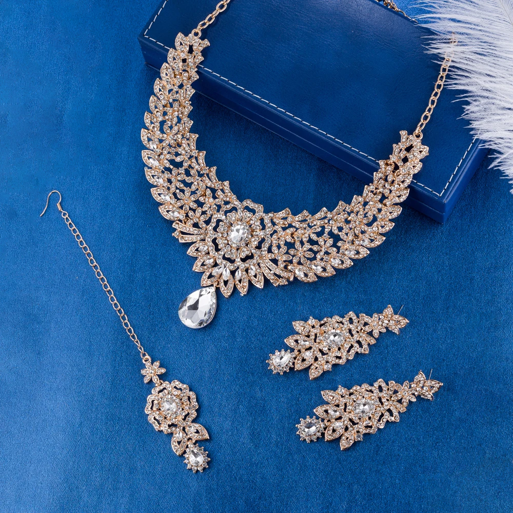 FARLENA Свадебные украшения классическое индийское ожерелье для невесты серьги и фронтлет роскошный, Кристальный, со стразами комплект ювелирных изделий