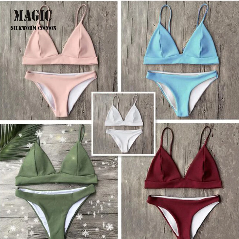 

2018 New Summer Sexy Solid Womens Padded Bra Push-up Bikini Set Low Waist Swimsuit Bathing Suit Swimwear Beachwear Pink White