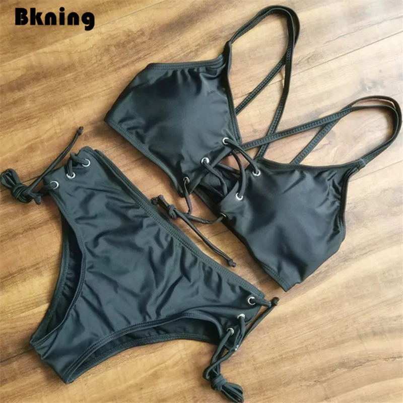 

Sexy String Bikini 2019 Mujer Bandeau 2 Piece Swimsuit Separate High Leg Black Retro Swiming Suit Solid Strapless Biquini XL