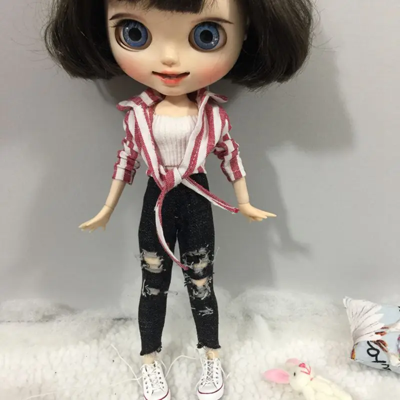 

3pcs/set Blyth Doll Clothes Stripe Short Shirt+Tube top+Ripped jeans for Blyth,Licca,Azone,Barbies Doll Accessories Clothes