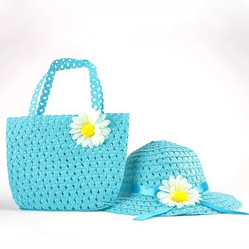 

1 set Summer Sun Hat Girls Kids Straw Hat Cap Children Beach Hats Bag Flower Tote Handbag Bags Suit