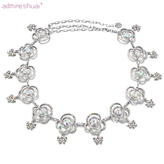 Luxury Rhinestone Flower Butterfly Chain Belt Silver Plated Designer