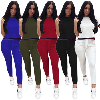 

Short Sleeve Top+Long Pants 2 pieces 2018 Spring Summer Fashion Women's Sets Cotton suits casual Beach tracksuit